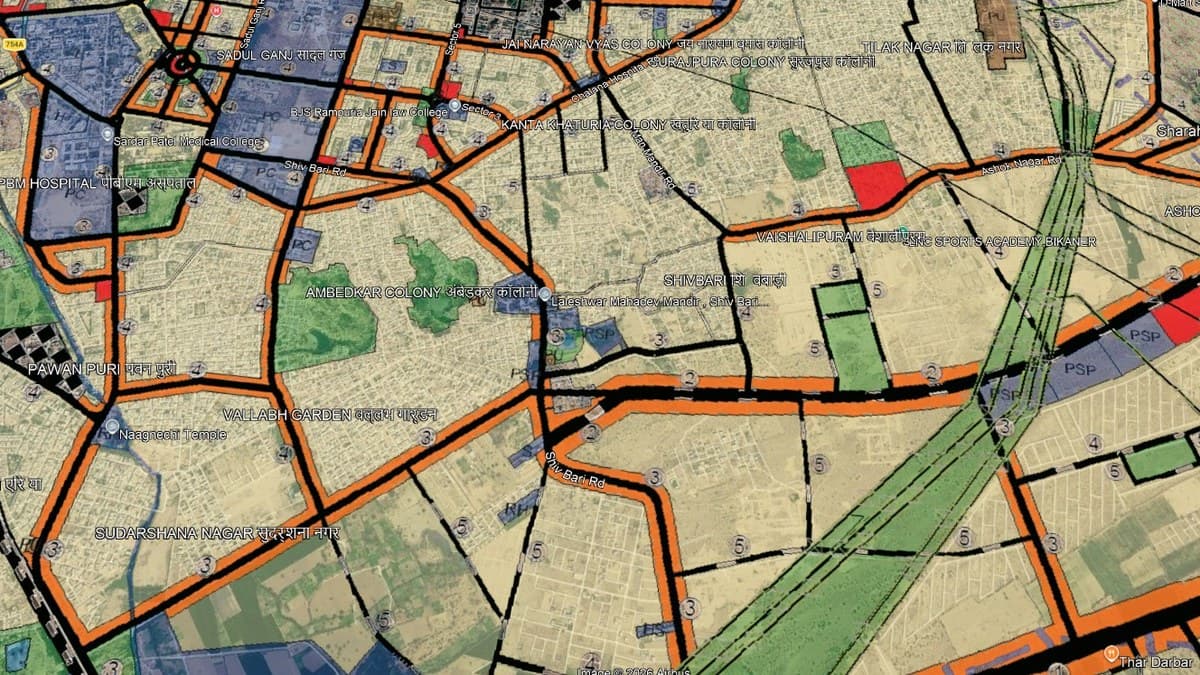 Zoning and master-plan overlay over a satellite basemap: road hierarchy, land-use colours and sector boundaries — the layers the engine scores a plot against